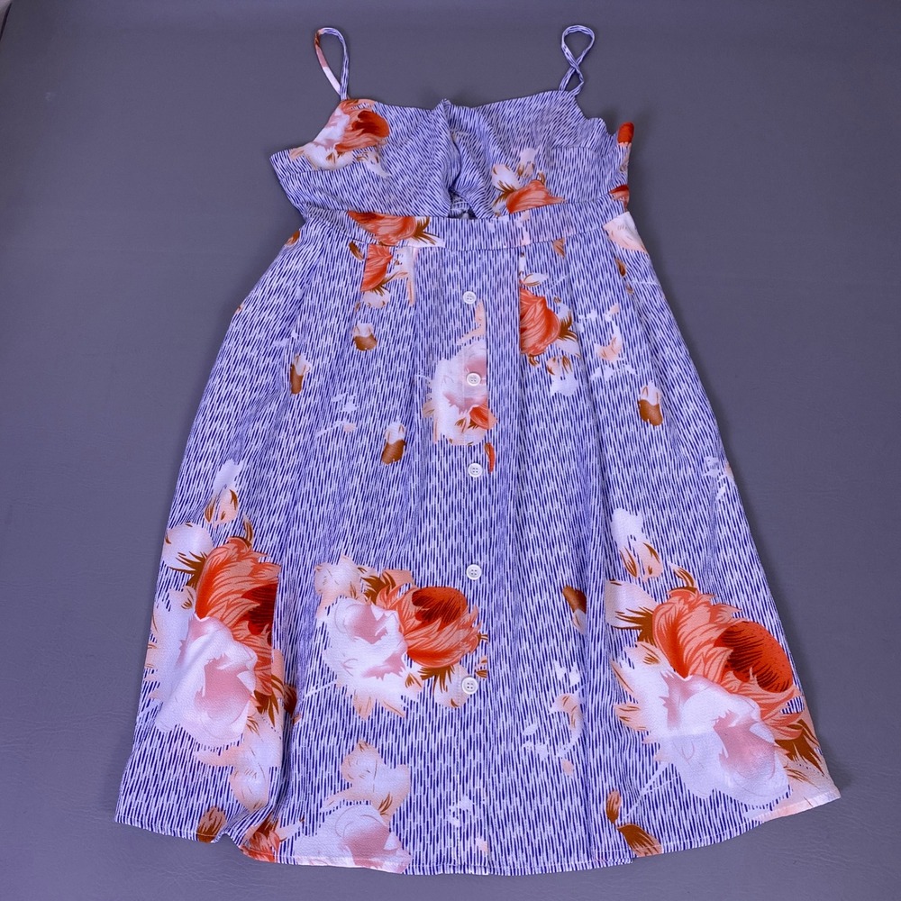 Fancyinn Sun‎ Dress Women's Size XL Blue White Striped Floral Smocked Back Midi